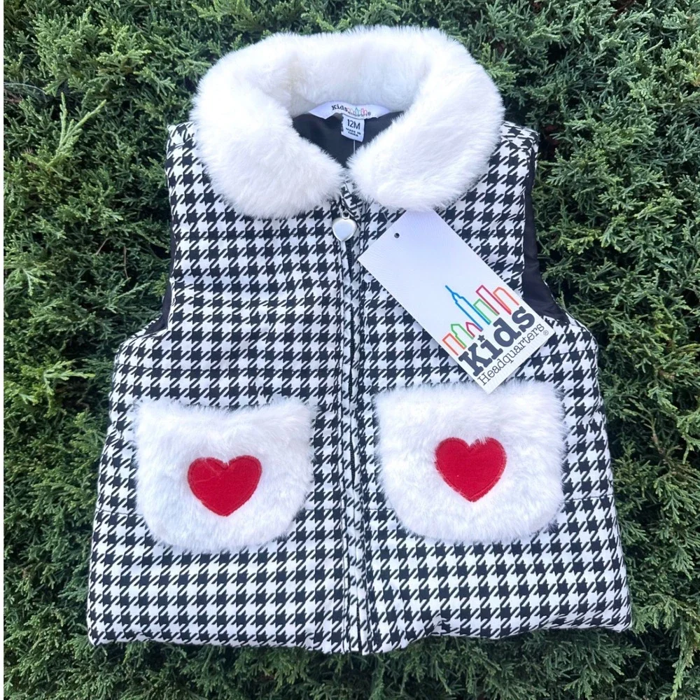 Kids Headquarters Baby Girl Houndstooth Faux Fur Puffer Vest Size 12 Months NWT